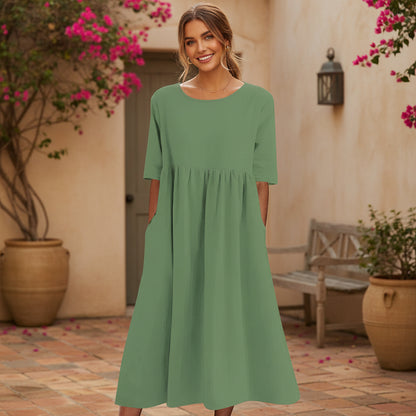 Pleated Midi Dress | Vintage-Inspired Loose Fit Design-Women’s Dresses-Mykonostore-Light Green-S-Mykonostore