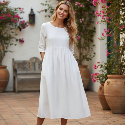 Pleated Midi Dress | Vintage-Inspired Loose Fit Design-Women’s Dresses-Mykonostore-White-S-Mykonostore