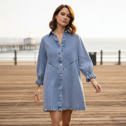 Shirt Dress | Vintage Denim Lantern Sleeves-Women's Dresses-Mykonostore-Blue-S-Mykonostore