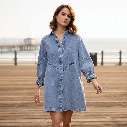 Shirt Dress | Vintage Denim Lantern Sleeves-Women's Dresses-Mykonostore-Blue-S-Mykonostore