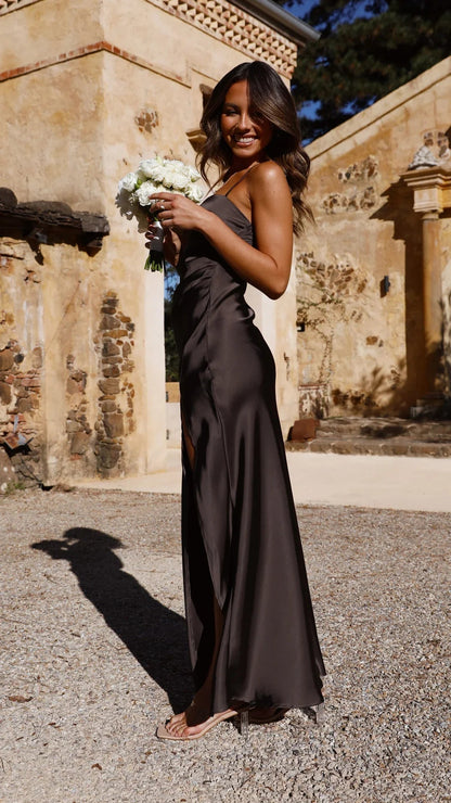 Slip Dress | Elegant Straight Neckline with Side Slit-Dresses-Mykonostore-S-Espresso-Mykonostore