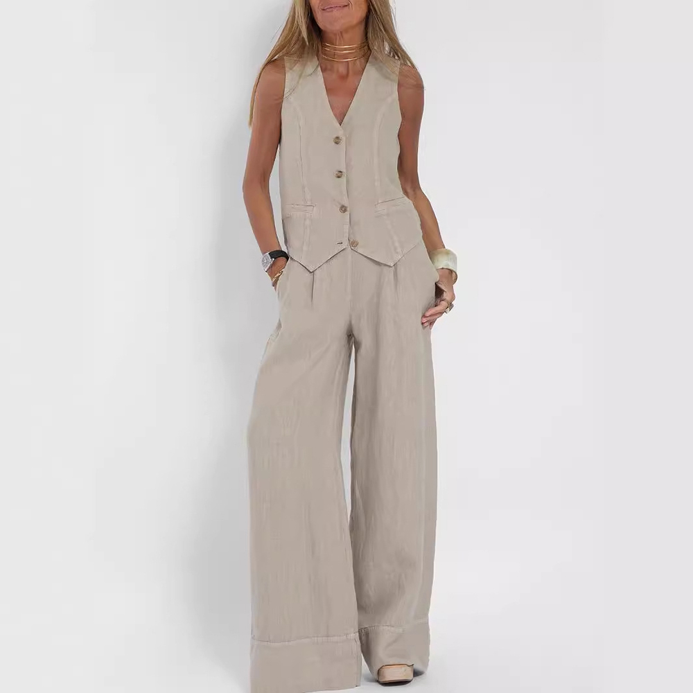 Two-Piece Set | Sleeveless Vest & Straight Pants-Sets-Mykonostore-Apricot-S-Mykonostore