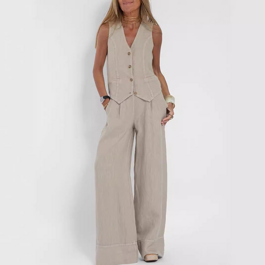 Two-Piece Set | Sleeveless Vest & Straight Pants-Sets-Mykonostore-Apricot-S-Mykonostore