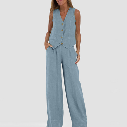 Two-Piece Set | Sleeveless Vest & Straight Pants-Sets-Mykonostore-Blue-S-Mykonostore