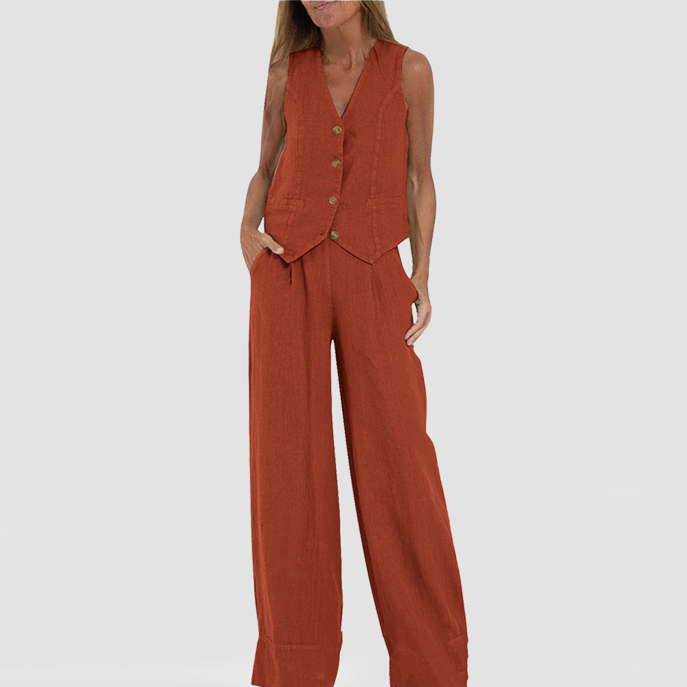 Two-Piece Set | Sleeveless Vest & Straight Pants-Sets-Mykonostore-Brown-S-Mykonostore