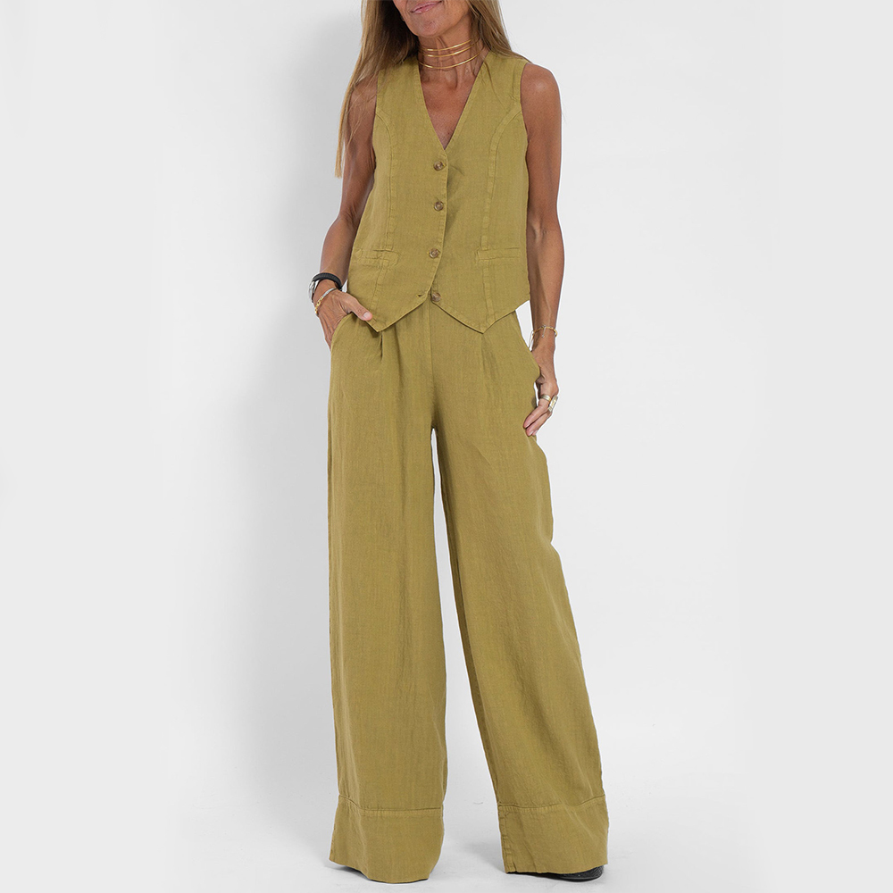 Two-Piece Set | Sleeveless Vest & Straight Pants-Sets-Mykonostore-Gray-green-S-Mykonostore
