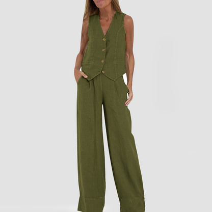 Two-Piece Set | Sleeveless Vest & Straight Pants-Sets-Mykonostore-Green-S-Mykonostore