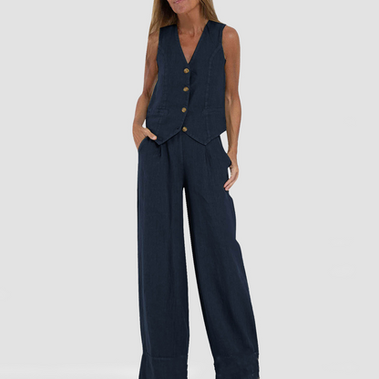Two-Piece Set | Sleeveless Vest & Straight Pants-Sets-Mykonostore-Navy blue-S-Mykonostore
