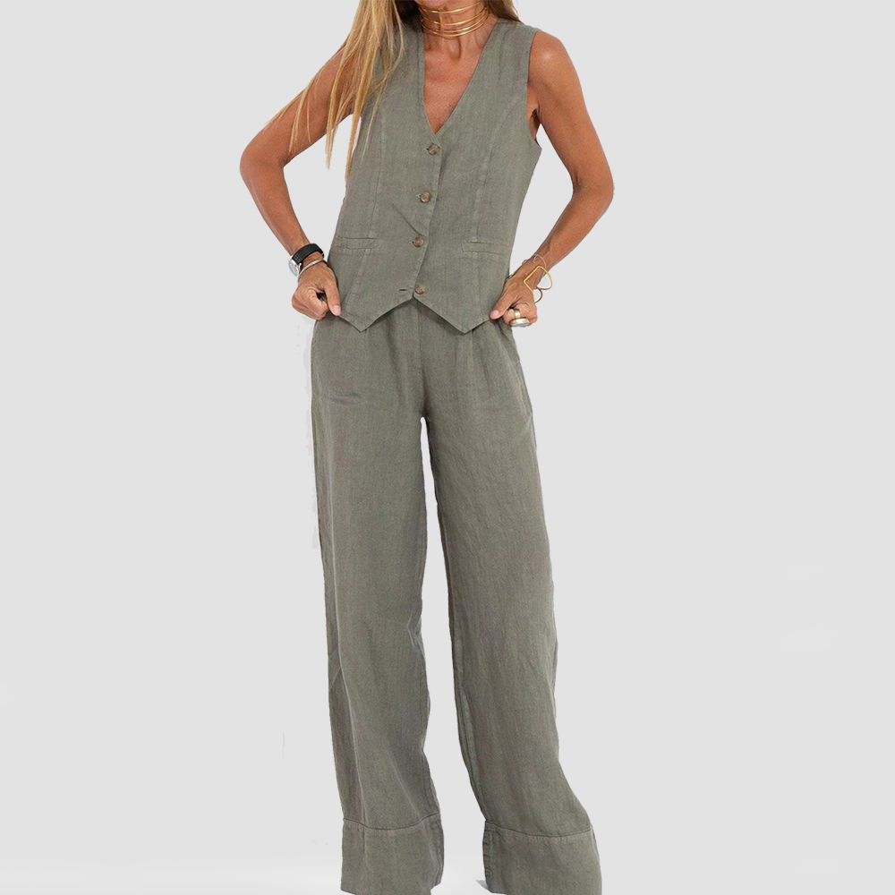 Two-Piece Set | Sleeveless Vest & Straight Pants-Sets-Mykonostore-Olive green-S-Mykonostore