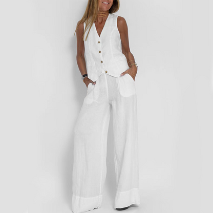 Two-Piece Set | Sleeveless Vest & Straight Pants-Sets-Mykonostore-White-S-Mykonostore