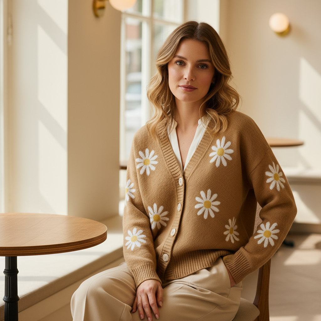 Livia – Dames Vest | Gebreid Bloemenpatroon met Knoopsluiting - 1