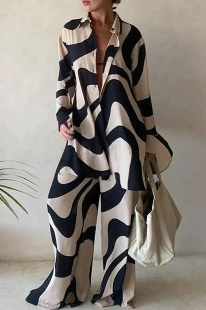 Women's Abstract Print Two-Piece Set | Elegant Comfortable Outfit-Mykonostore-Beige-Black-XS-Mykonostore