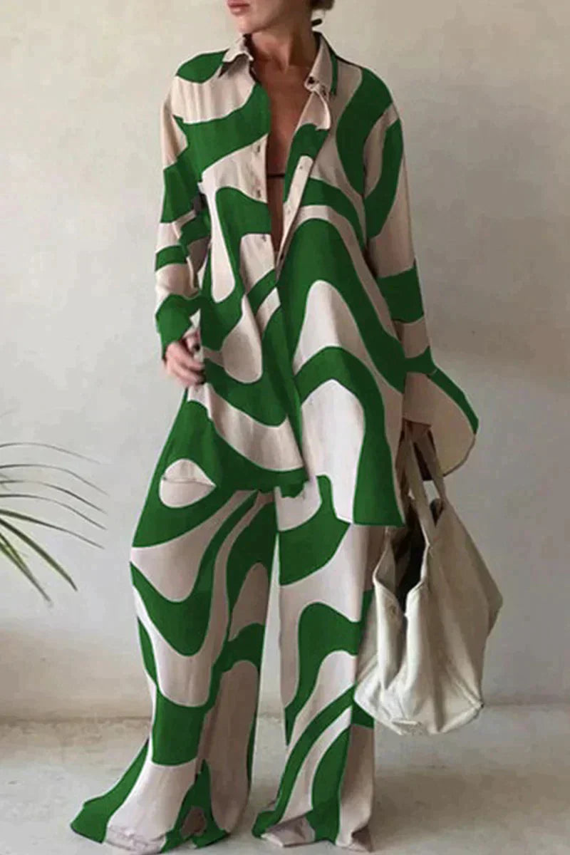 Women's Abstract Print Two-Piece Set | Elegant Comfortable Outfit-Mykonostore-Beige-Green-XS-Mykonostore