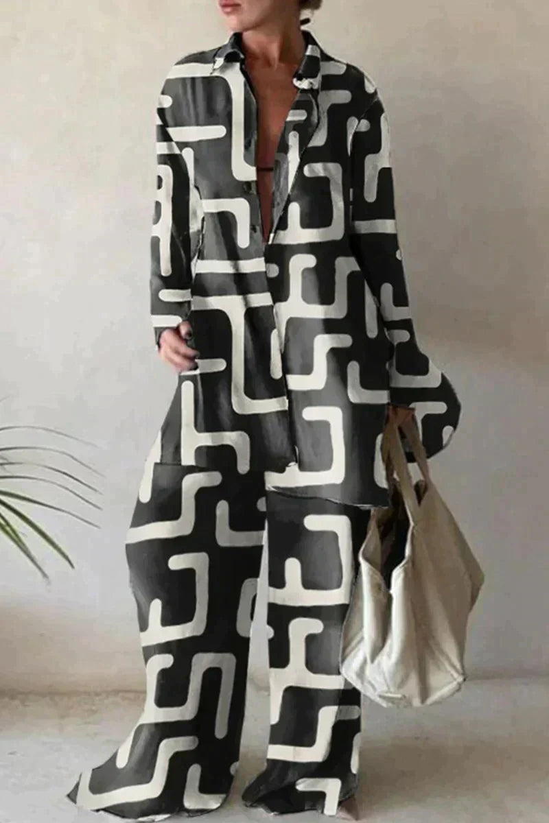 Women's Abstract Print Two-Piece Set | Elegant Comfortable Outfit-Mykonostore-White-Grey-XS-Mykonostore