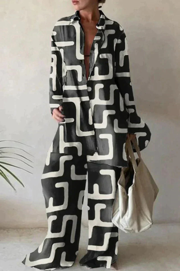 Women's Abstract Print Two-Piece Set | Elegant Comfortable Outfit-Mykonostore-White-Grey-XS-Mykonostore