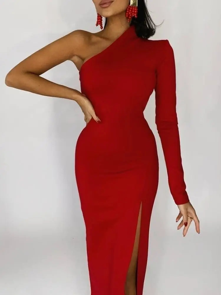 Women's Chic One-Shoulder Dress | Elegant Ankle-Length Evening Gown-Mykonostore-Red-S-Mykonostore