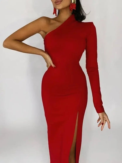 Women's Chic One-Shoulder Dress | Elegant Ankle-Length Evening Gown-Mykonostore-Red-S-Mykonostore