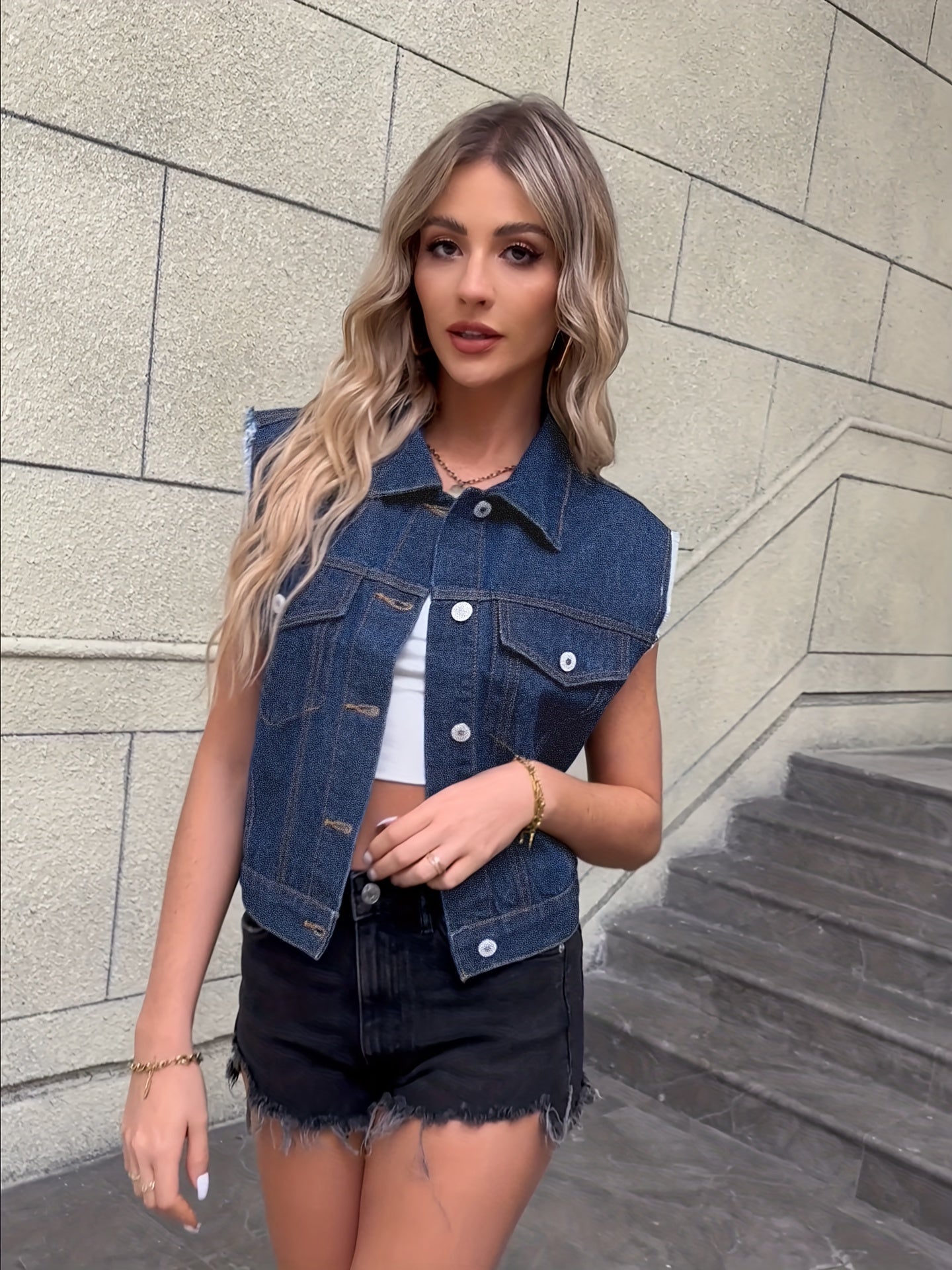 Women's Classic Blue Denim Sleeveless Jacket | Stylish Flap Pocket Design-Mykonostore-Mykonostore