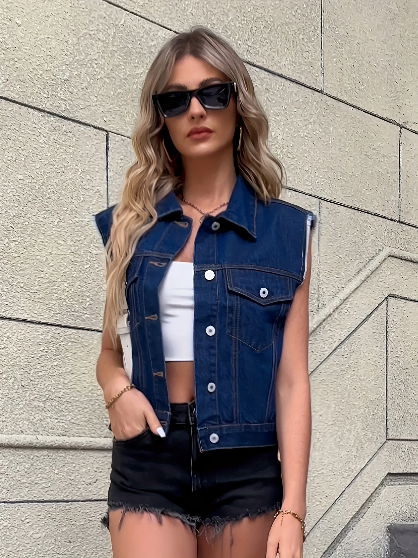 Women's Classic Blue Denim Sleeveless Jacket | Stylish Flap Pocket Design-Mykonostore-Mykonostore