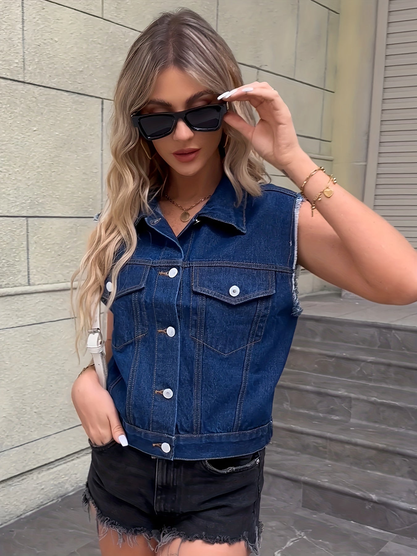 Women's Classic Blue Denim Sleeveless Jacket | Stylish Flap Pocket Design-Mykonostore-Dark Blue-XS-Mykonostore