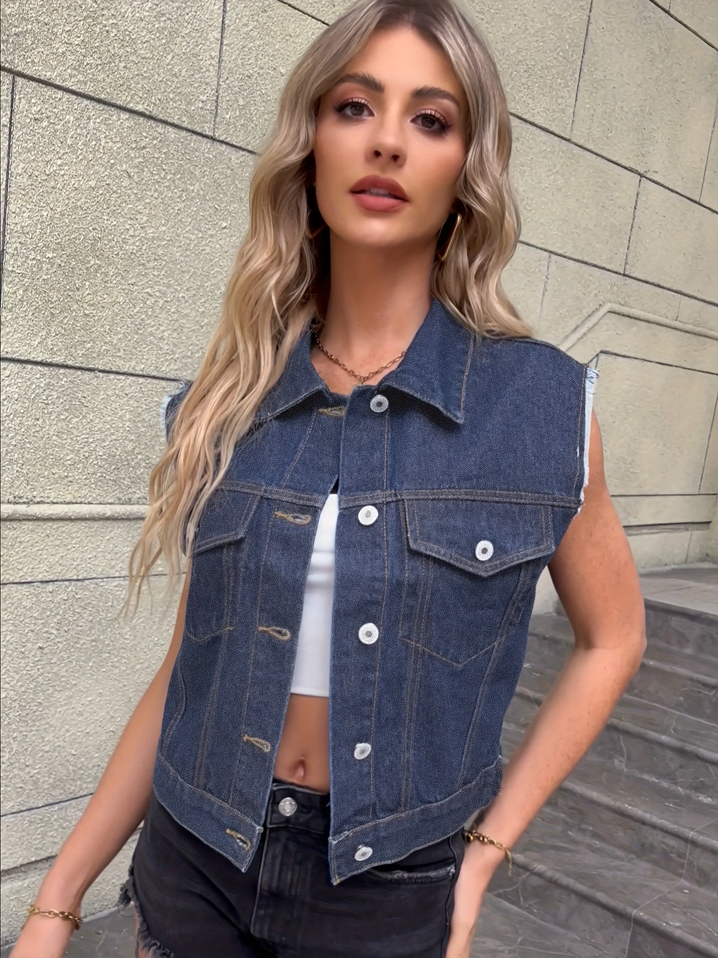 Women's Classic Blue Denim Sleeveless Jacket | Stylish Flap Pocket Design-Mykonostore-Medium Blue-XS-Mykonostore
