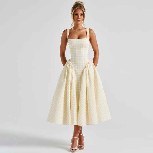 Women's Classic Checkered Midi Dress | Elegant Princess-Line with Square Neckline-Mykonostore-Yellow-S-Mykonostore