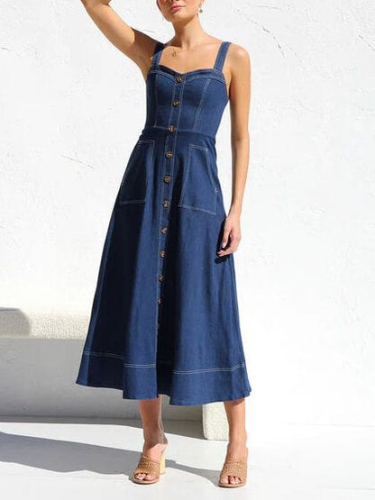 Women's Classic Denim Midi Dress | Casual Adjustable Strap with Button-Up Detail-Mykonostore-Mykonostore