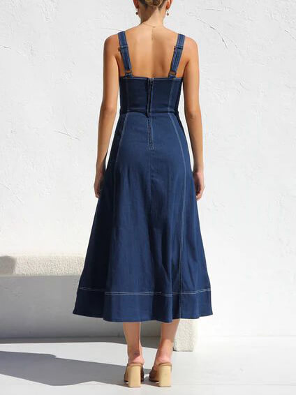 Women's Classic Denim Midi Dress | Casual Adjustable Strap with Button-Up Detail-Mykonostore-Mykonostore