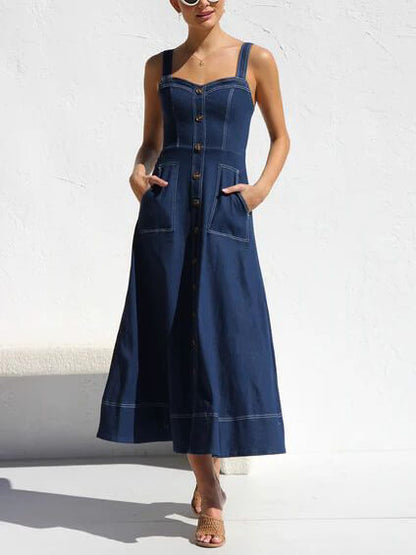 Women's Classic Denim Midi Dress | Casual Adjustable Strap with Button-Up Detail-Mykonostore-Dark Blue-S-Mykonostore