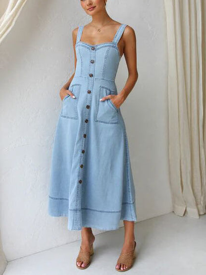 Women's Classic Denim Midi Dress | Casual Adjustable Strap with Button-Up Detail-Mykonostore-Light Blue-S-Mykonostore