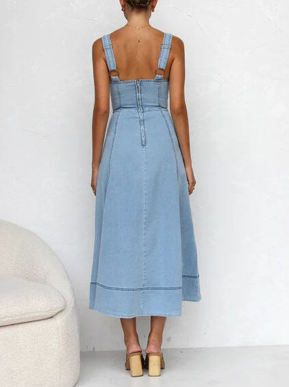 Women's Classic Denim Midi Dress | Casual Adjustable Strap with Button-Up Detail-Mykonostore-Mykonostore