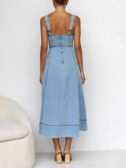 Women's Classic Denim Midi Dress | Casual Adjustable Strap with Button-Up Detail-Mykonostore-Mykonostore