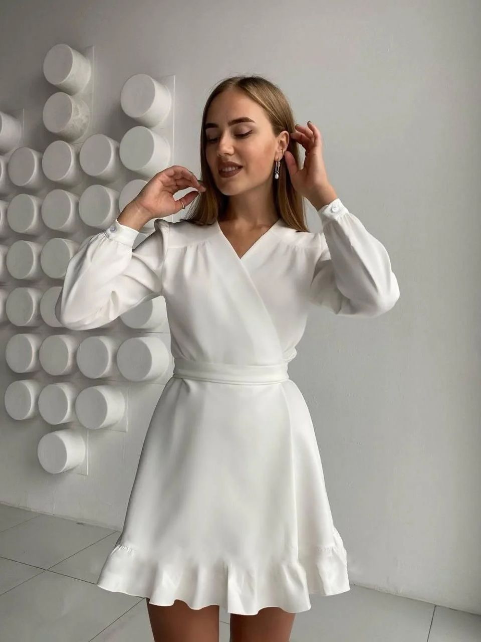 Women's Classic Solid Mini Dress | Elegant Long Sleeve V-Neck Style-Mykonostore-Mykonostore