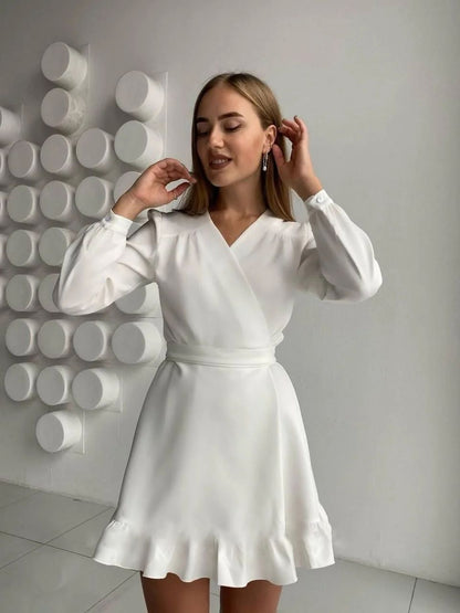Women's Classic Solid Mini Dress | Elegant Long Sleeve V-Neck Style-Mykonostore-Mykonostore