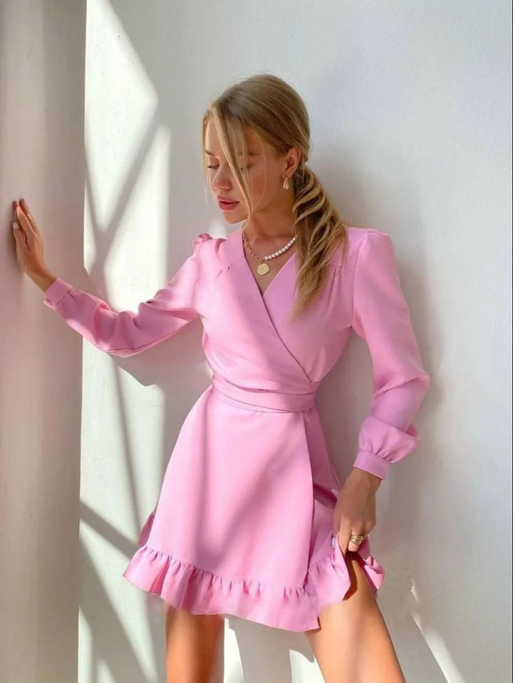 Women's Classic Solid Mini Dress | Elegant Long Sleeve V-Neck Style-Mykonostore-Mykonostore