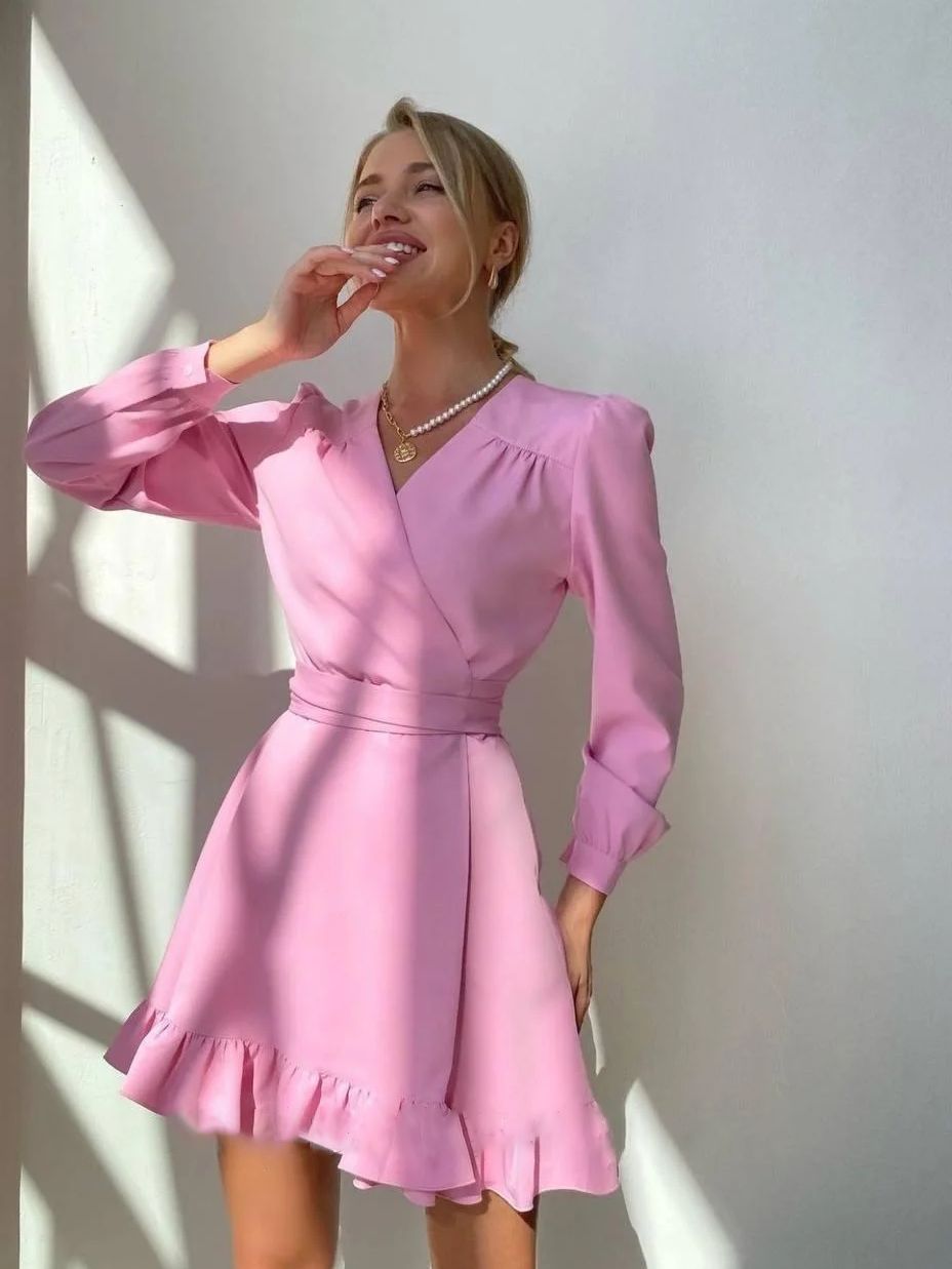 Women's Classic Solid Mini Dress | Elegant Long Sleeve V-Neck Style-Mykonostore-Pink-S-Mykonostore