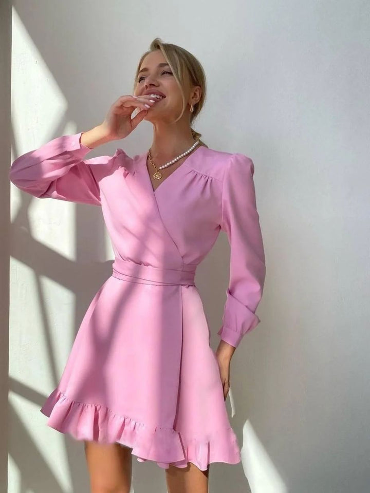 Women's Classic Solid Mini Dress | Elegant Long Sleeve V-Neck Style-Mykonostore-Pink-S-Mykonostore