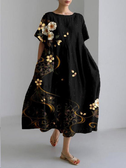Women's Colorful Floral Print Dress | Relaxed Knee-Length Summer Outfit-Mykonostore-Black-Gold Flower-S-Mykonostore