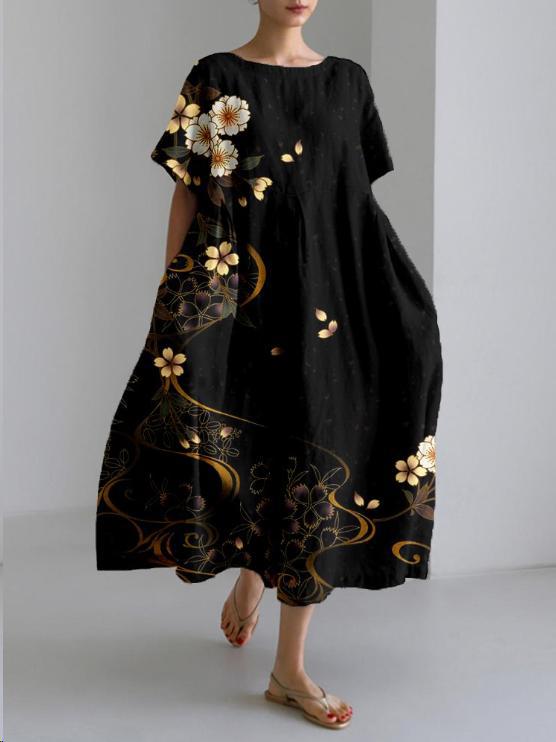 Women's Colorful Floral Print Dress | Relaxed Knee-Length Summer Outfit-Mykonostore-Black-Gold Flower-S-Mykonostore