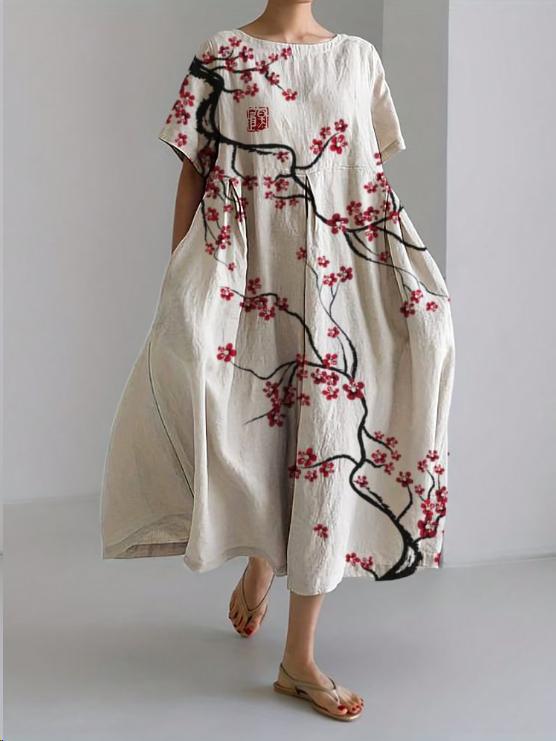 Women's Colorful Floral Print Dress | Relaxed Knee-Length Summer Outfit-Mykonostore-Cherry Blossom-S-Mykonostore
