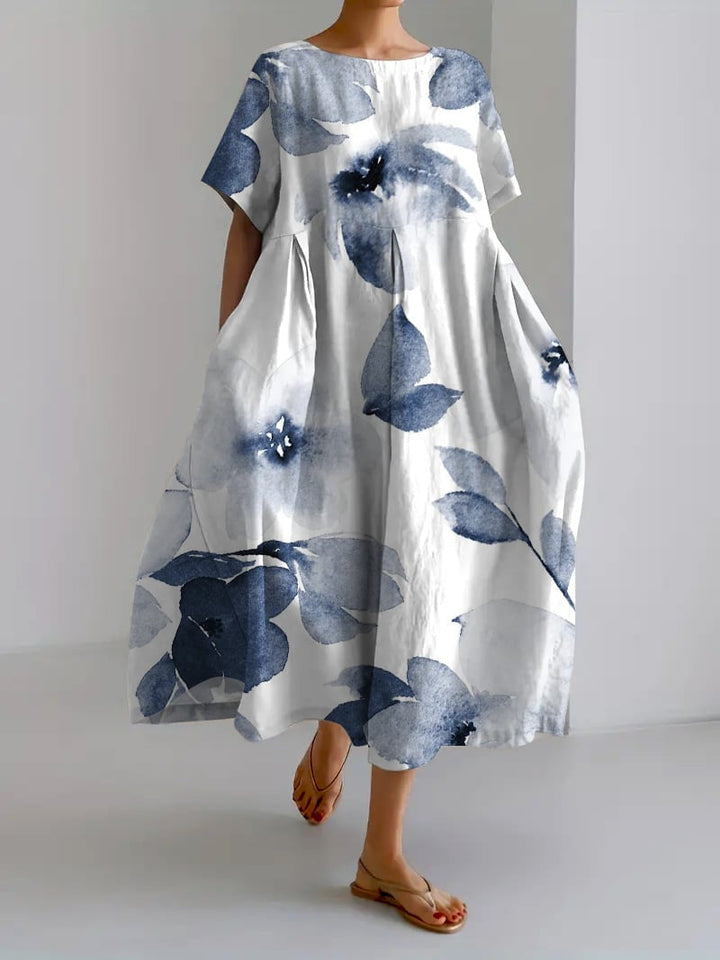 Women's Colorful Floral Print Dress | Relaxed Knee-Length Summer Outfit-Mykonostore-Indigo Flowers-S-Mykonostore