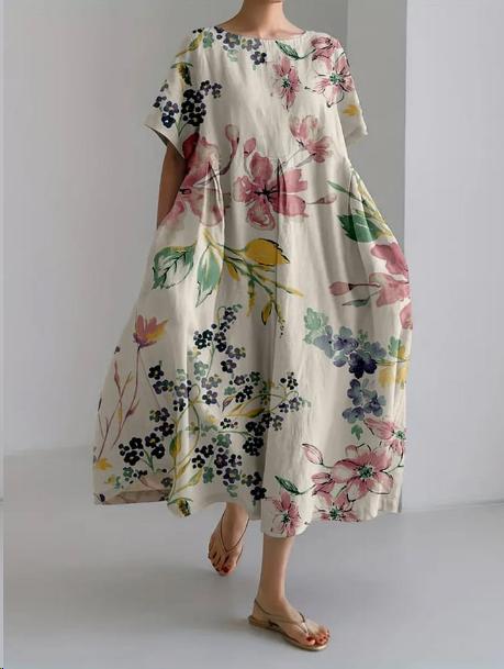 Women's Colorful Floral Print Dress | Relaxed Knee-Length Summer Outfit-Mykonostore-Summer Meadow-S-Mykonostore