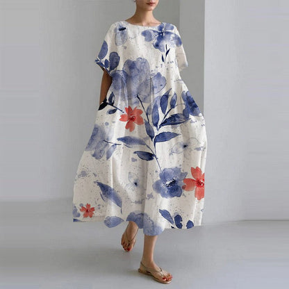Women's Colorful Floral Print Dress | Relaxed Knee-Length Summer Outfit-Mykonostore-Watercolor Flowers-S-Mykonostore