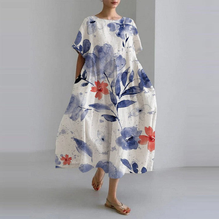 Women's Colorful Floral Print Dress | Relaxed Knee-Length Summer Outfit-Mykonostore-Watercolor Flowers-S-Mykonostore