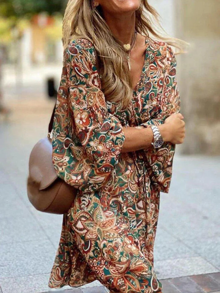 Women's Colorful Printed Mini Dress | Relaxed V-Neck Summer Fashion-Mykonostore-Dark Brown-S-Mykonostore