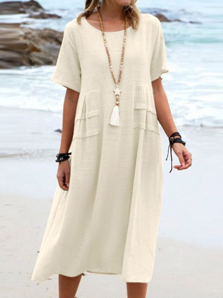 Women's Comfortable Casual Dress | Relaxed Fit Knee-Length Style-Mykonostore-Beige-S-Mykonostore