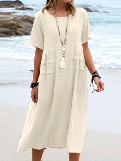 Women's Comfortable Casual Dress | Relaxed Fit Knee-Length Style-Mykonostore-Beige-S-Mykonostore