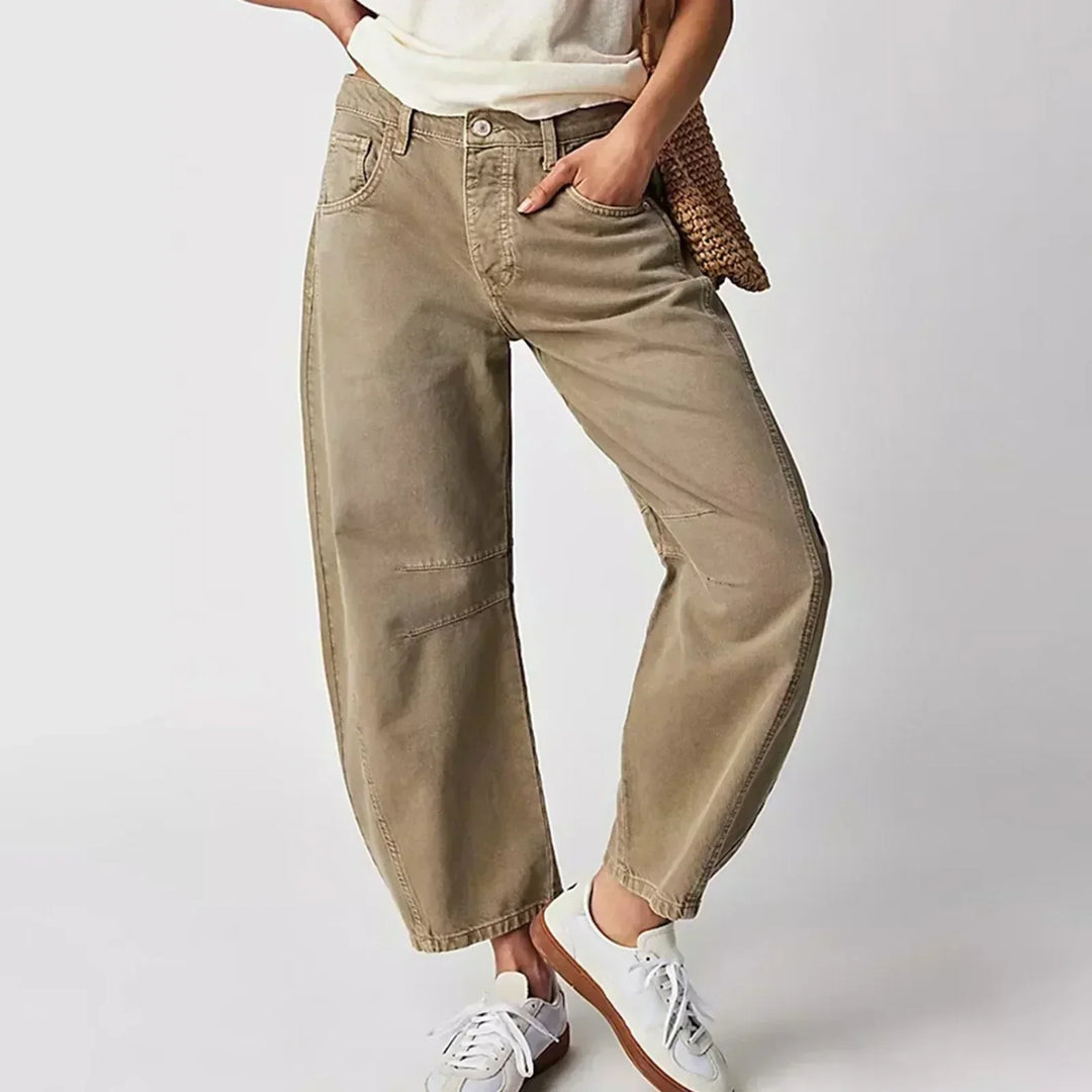 Women's Comfortable Poly-Denim Wide-Leg Jeans | Relaxed Fit Casual Trousers-Mykonostore-Beige-XS-Mykonostore
