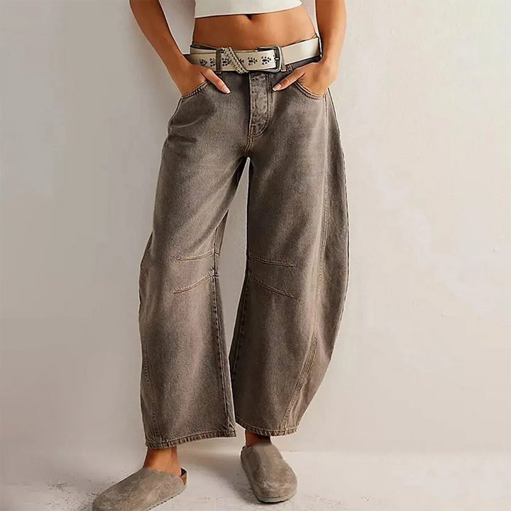 Women's Comfortable Poly-Denim Wide-Leg Jeans | Relaxed Fit Casual Trousers-Mykonostore-Brown-XS-Mykonostore