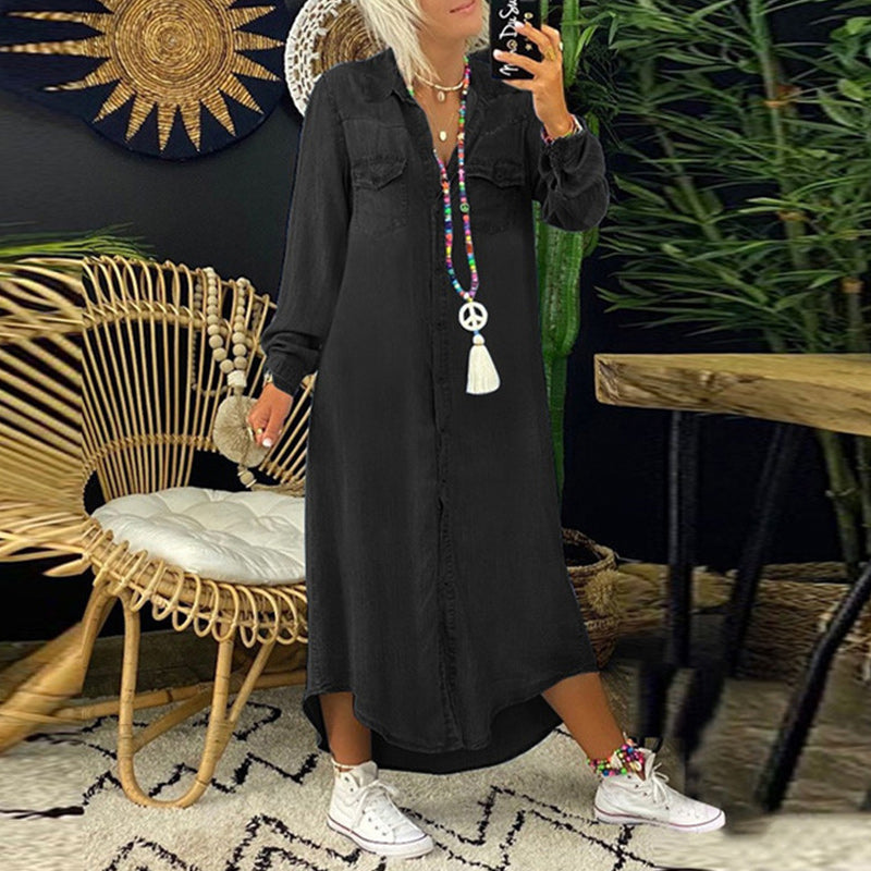 Women's Comfortable Solid Color Dress | Casual Long Sleeve Style-Mykonostore-Black-S (34)-Mykonostore